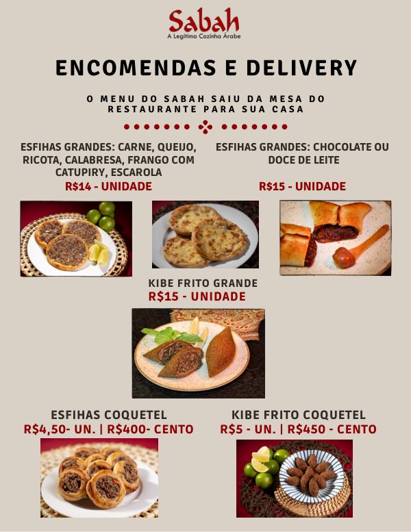Cardápio de delivery e encomendas, página 1 de 8: esfihas e kibes