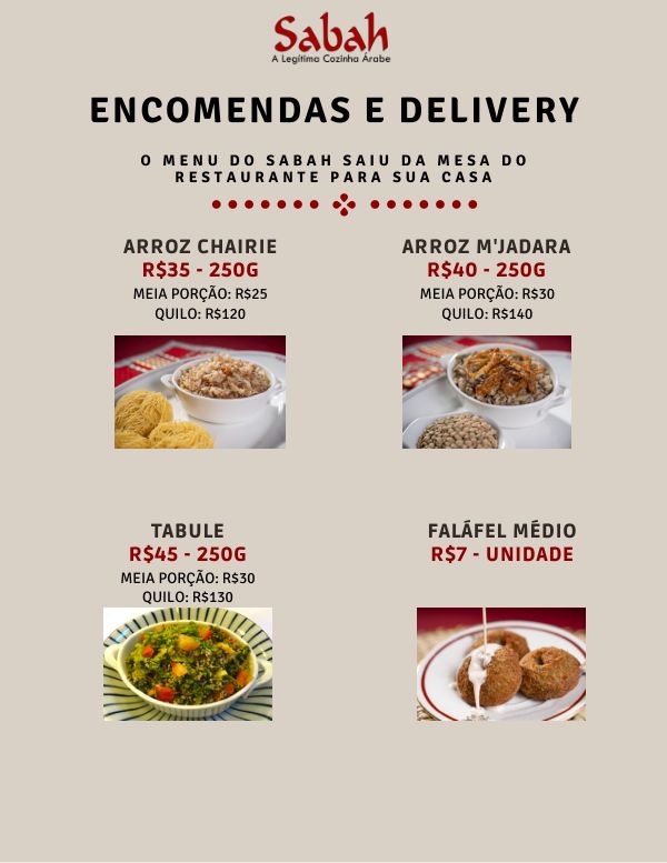 Cardápio de delivery e encomendas, página 4 de 8: arroz chairie, m'jadara, tabule e falafel