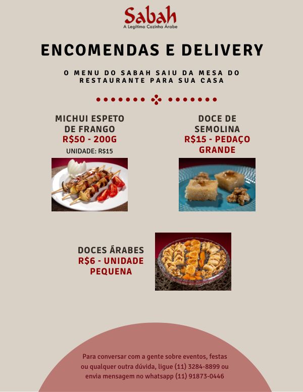 Cardápio de delivery e encomendas, página 6 de 8: michui de frango e doces árabes