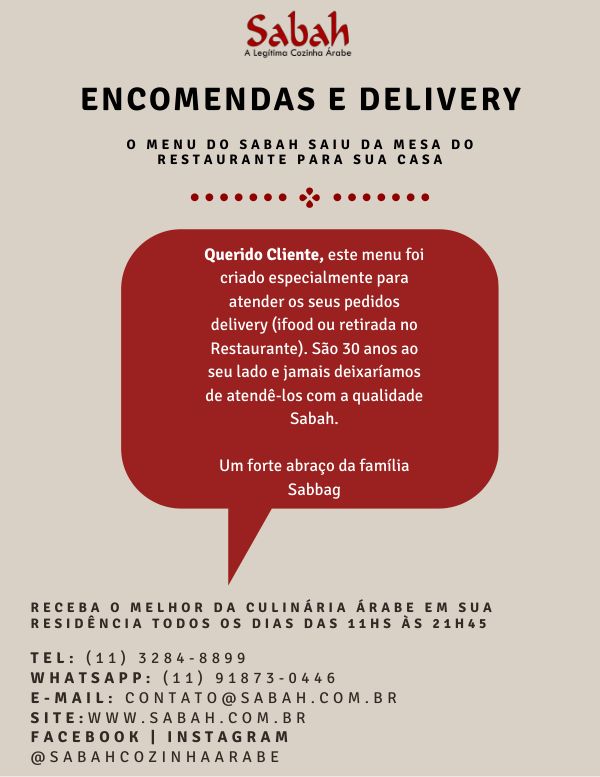 Cardápio de delivery e encomendas, página 8 de 8: mensagem da família Sabbag e contatos