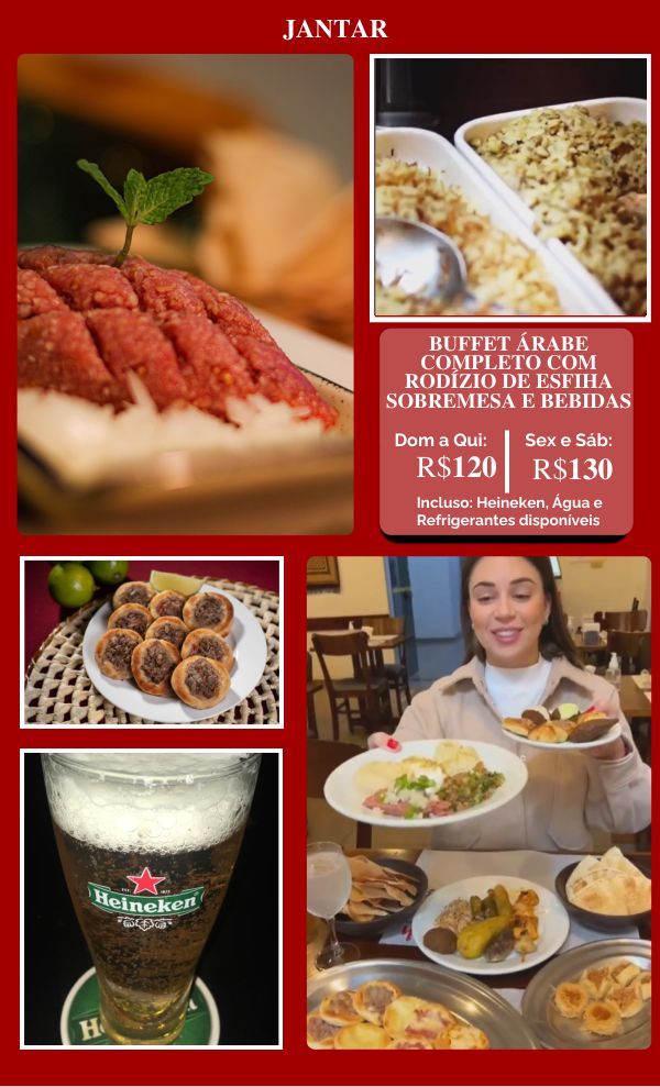 Cardápio do salão, página 4 de 10: jantar com buffet, rodízio de esfiha, sobremesa e bebidas