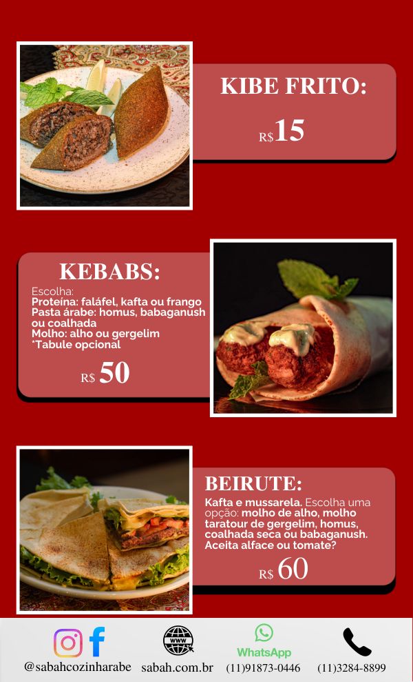 Cardápio do salão, página 7 de 10: kibe frito, kebabs e beirute
